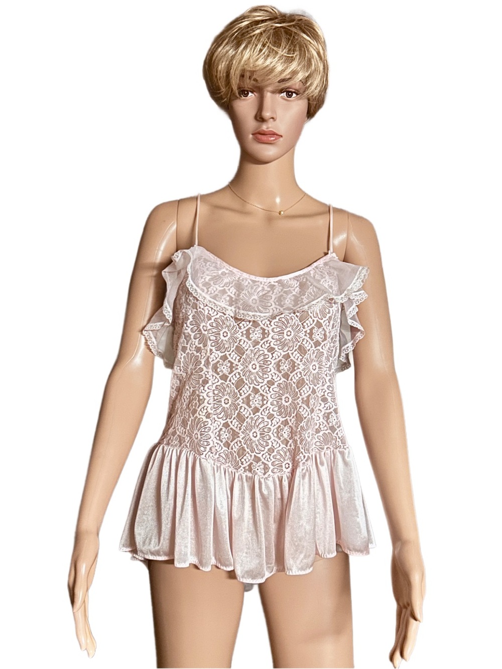 Vintage (90’s) ~ Large ~ Light Pink ~ Sexy Babydoll Lingerie Sheer & Lace Dress